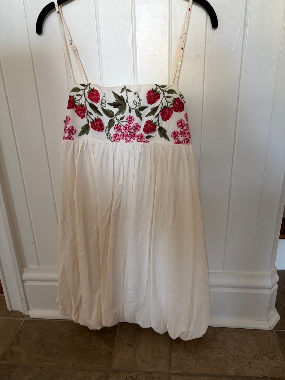 Anthro bubble hem Embroidered Floral Cream Sundress with Pink & Red Flowers